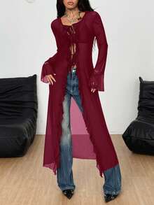 Coolane Women's Fall/All-Season Rave Renaissance Fair Hippie Music Festival Gyaru Mesh Straps Ruffle Ribbon Long Coat