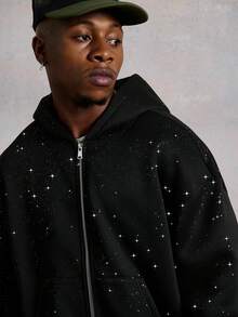 PAVTROS Manfinity Streetrush Men's Cropped Black Zip-Up Sweatshirt, Thermal Lined, Sequin Textured Fabric, Streetwear For Autumn And Winter, Halloween, INS Streetwear, Style, Rapper, Boy Friend Gifts, Long Sleeve Top - Black - View 4