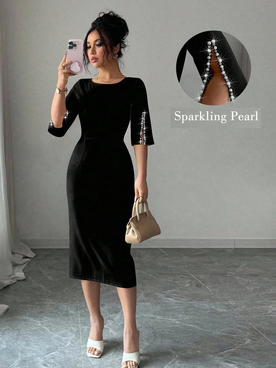 Elenzga Đầm nữ cổ tròn đính ngọc trai thắt eo thanh lịch lãng mạn chi tiết - màu đen - Xem 1