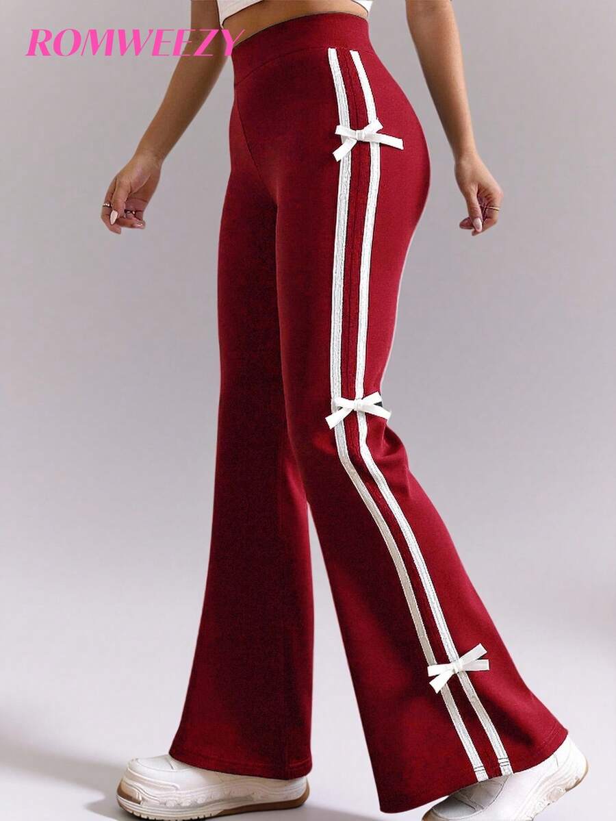 Sparklyn 条纹休闲学院风女生裤子 - 酒紅色 - 查看 1