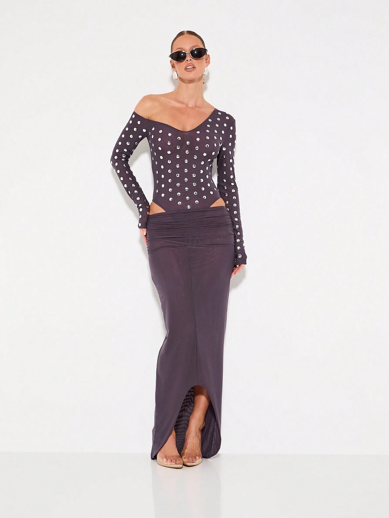 KIZN Studded Mesh Off-Shoulder Top With Ruched Maxi Skirt