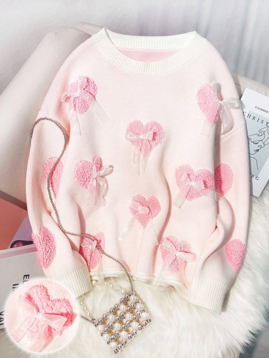 Resyla Cute & Fashionable Casual Vacation Pink Heart & Bow Decor Crew ...