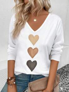 EMERY ROSE Women's V-Neck Cuffed Sleeve, Popular Ombre Heart Print Casual Versatile Long Sleeve T-Shirt