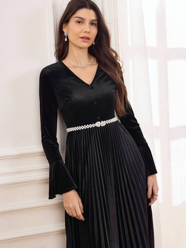 Miaspire Vestido largo elegante para mujer, vestido con cuello en V y mangas con volantes para fiesta formal, vestido elegante de terciopelo negro con cintura ceñida y bajo plisado, para otoño/invierno