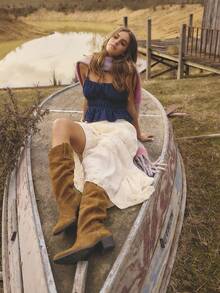 Aralina 秋冬西部波西米亚风蕾丝边饰长裙，适合乡村音乐会、万圣节和教师节等场合。 - 米色 - 查看 5