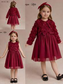 1 Set Burgundy Formal Dress With Short Jacket, 3D Rose Decor, Sleeveless Mesh Skirt, Wedding, Summer Traditional Christmas Party Dress For Young Girl - Burgundy - View 8