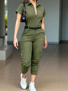 INAWLY Women's Summer Zip-Up Front Short Sleeve Jumpsuit - Army Green - View 1