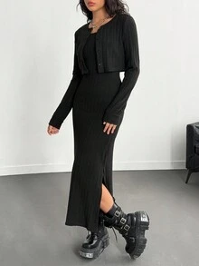 2 Stücke/Set Teenager Mädchen Gerippte Strick Jacke und Bodycon Trägerkleid Set