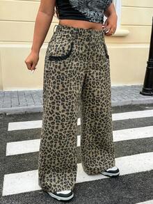Jeanoix Plus Size Casual Leopard Print Denim Jeans, All Season - Brown - View 6