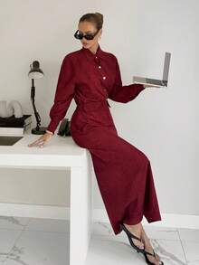Siren Gaze Women's Solid Color Drop Shoulder Long Sleeve Shirt And Side Slit Hem A-Line Skirt Casual 2 Pieces Set Christmas Winter New Year Red - Red - View 3
