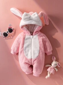 SHEIN 新生儿可爱3D蝴蝶结兔耳连帽长袖连体衣秋冬款 - 淺粉色 - 查看 2