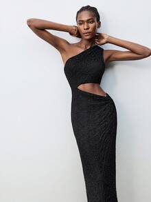 Maija Women's Elegant Black Summer Night Out One Shoulder Cut Out Dress,Metallic Thread Spider Web Sparkly Prom Graduation Party Dresses Halloween Costume - Black - View 4