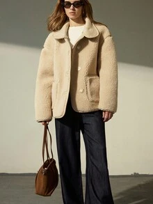 GENKIRA Autumn/Winter Sturdy Stand Collar Soft Fashionable Faux Fur Jacket - Beige - View 5
