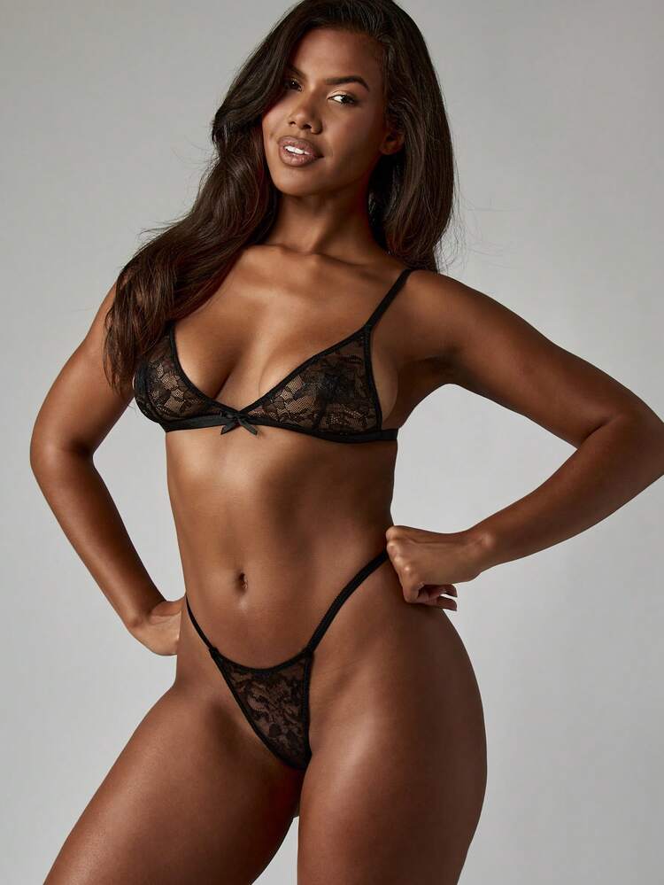 MISSGUIDED Delicate Floral Lace Triangle Bralette With Bow Detail Lingerie Adjustable Straps Sheer Bra Unlined Bralette