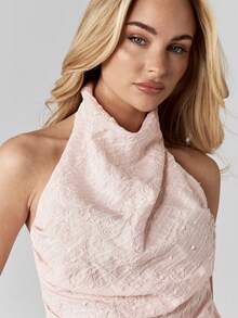 MISSGUIDED Halter Neck High Neck Lace Top For Evening Party Occasions With Cowl Draping - Pink - View 3