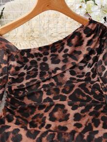 Franclia Women's Fashion Leopard Print Mesh Sheer Shoulder Long Sleeve Bodysuit - Multicolor - View 5