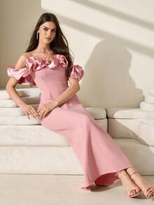 CLARA VERO 3d Flower Effect White Midi Length Dress - Pink - View 3