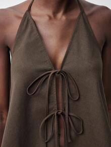 Maija Coffee Brown,Summer,Chic,Vacation,Holiday Women Backless Crop Top & High Waisted Wide Leg Pants Matching Set,Urban Minimalist Old Money Party Outfit - Brown - View 9