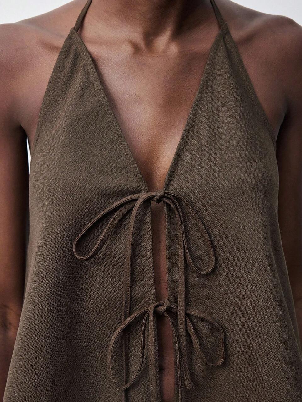 SHEIN Maija Coffee Brown,Summer,Chic,Vacation,Holiday Women Backless Crop Top & High Waisted Wide Leg Pants Matching Set,Urban Minimalist Old Money Party Outfit