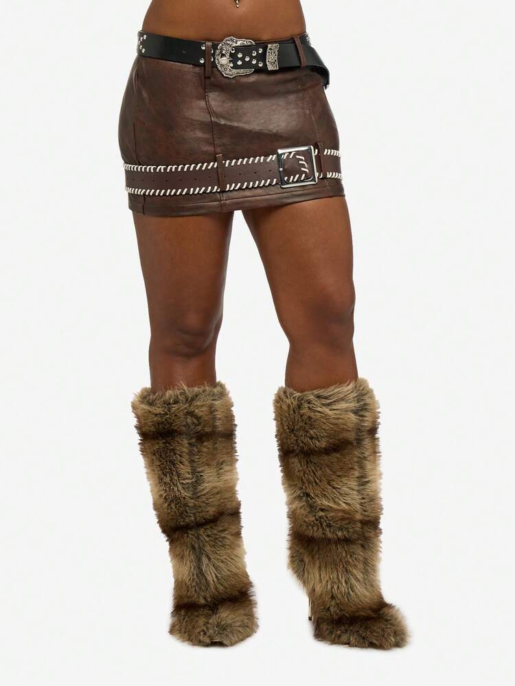 SUMWON WOMEN PU Leather Belt Detail Mini Skirt