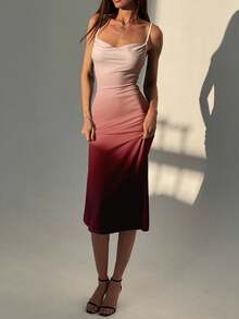 Women's Elegant Ombre Waist Cinched Midi Slip Dress, Summer