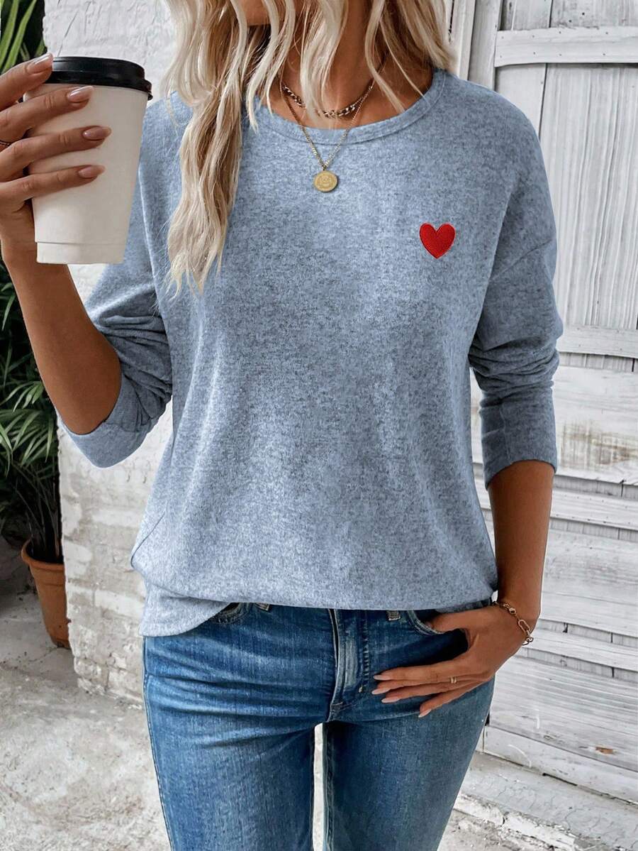 EMERY ROSE New Fashion Women Cherish Print Round Neck Long Sleeve T-Shirt - Blue - View 1