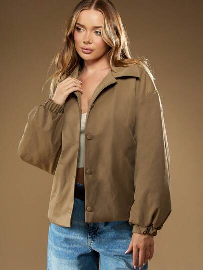 MISSGUIDED Áo khoác cài nút tiện dụng thời trang mùa đông cỡ lớn, áo khoác ngoài vừa vặn, nhẹ, mặc thường ngày, cổ đứng, tay áo lửng, dài đến đầu gối