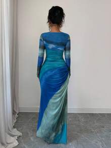 Rafferiza Đầm Maxi Cổ Tròn Tay Dài In Họa Tiết Ombre Cho Nữ - Nhiều màu - Xem 2