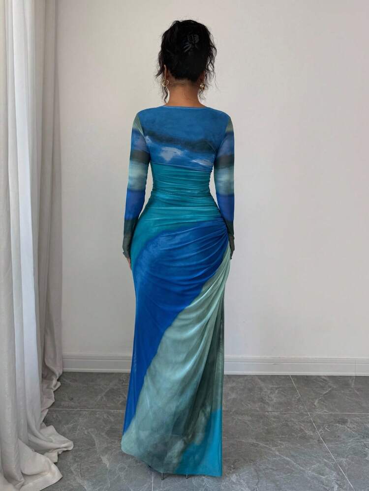 blue tie dye dress long sleeve Zolique Women's Spring/Summer Tie Dye Printed Off Shoulder Long Sleeve Slit  Dress, Elegant