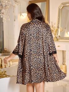 SHEIN 加大码豹纹蕾丝花边吊带睡袍和睡袍套装舒适优雅细节秋季服装