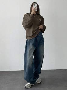 DAZY Loose Fit Round Neck Embroidered Design Long Sleeve Sweatshirt For Women,Fall Women Clothes - Coffee Brown - View 3