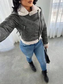 SHEIN SXY Women's Autumn/Winter Faux Thermal Lined Casual Jacket, European And American Design, Fashion Lapel Motorcycle Jacket