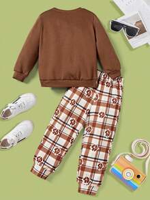 SCOOBY-DOO X SHEIN 2 pièces Sweat-shirt col rond à motif de dessin animé marron et pantalon de survêtement à carreaux pour jeune garçon, automne/hiver