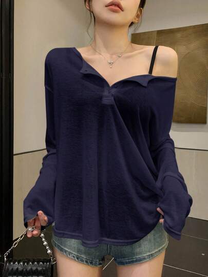 DAZY Solid Drop Shoulder Oversized Tee For Spring & Summer Preppy Tops Long Sleeve Women Tops Cover Ups For Swimwear