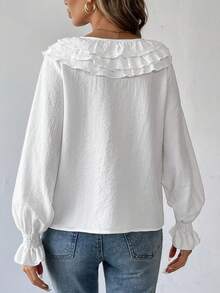 Elenzga Blusa de manga larga elegante para mujer con escote en V y mangas acampanadas, de unicolor, para primavera y otoño, tops de manga larga