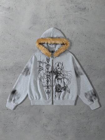 Street Life Herren Graue Kapuzen-Fransen-Drop Anime Schulter Reißverschluss Lässiger vielseitiger Sweatshirt, Herbst