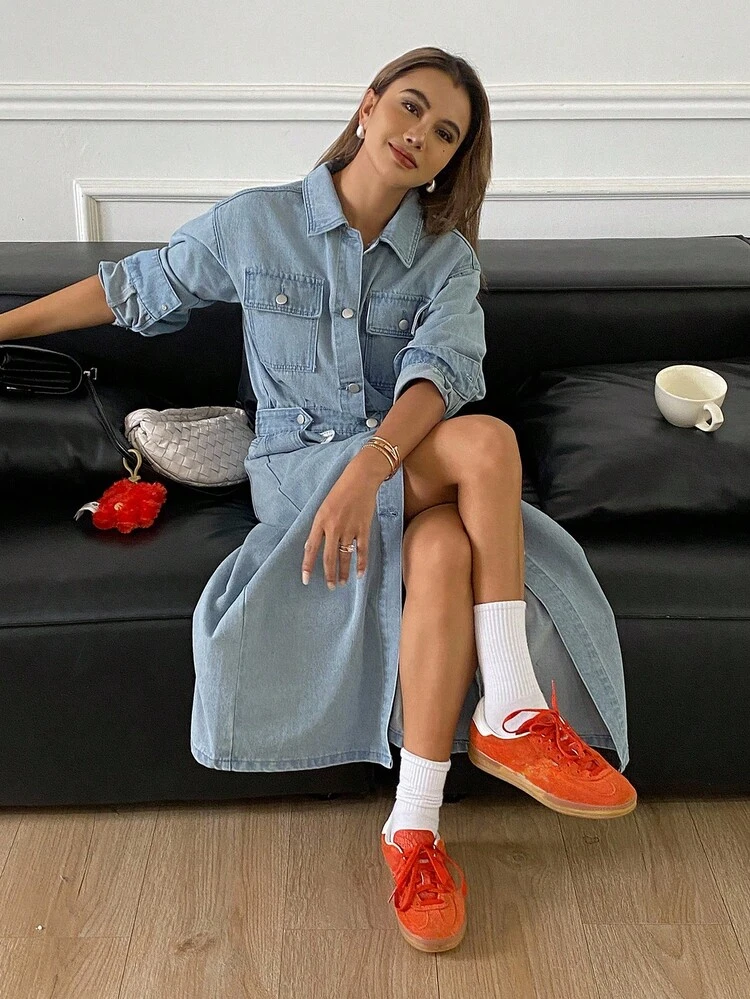 Women's Denim Dress With Collar And Waist Cinching, Early Autumn Dress