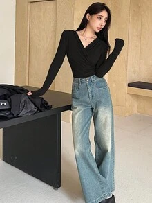 DAZY 女士休闲纯色保暖保暖内衬交叉 T 恤，秋季长袖女式上衣，保暖内衬 - 黑色 - 查看 6
