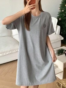 DAZY Minimalist Cute Expression Embroidered Homewear Dress, Moo Moo Pajama