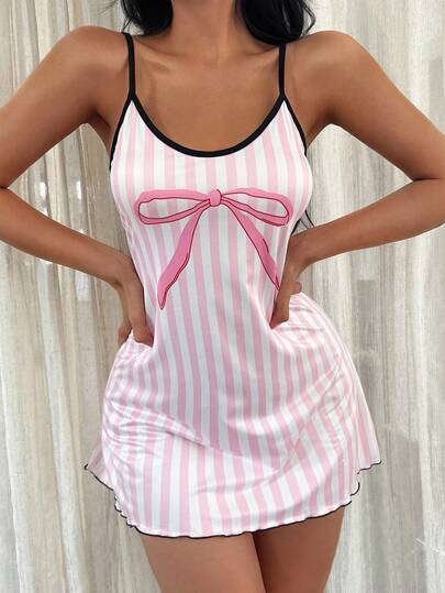 ZzzCrew Roze Wit Gestreepte Bow Print Camisole Nightgown Sleepwear Dress Babydoll Sleep Lingerie Schattige view 6