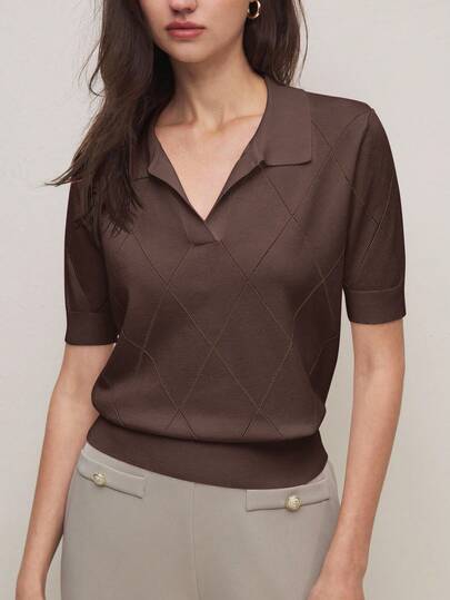 BizChic Camel Polo Collar Diamond Knit Sweater, Fashionable Elegant Business Casual Office Wear, Versatile All-Match Romantic Style Suitable For Formal Occasions, Parties, Weddings, Concerts, Brunch, Airport, National Day, New Year, Christmas, Halloween