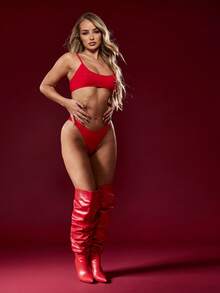 MISSGUIDED 镶钻水晶装饰高腰文胸丁字裤套装，饰有穿孔细节，可调节肩带，高腰内裤，现代时尚个性内衣两件套设计 - 紅色 - 查看 3