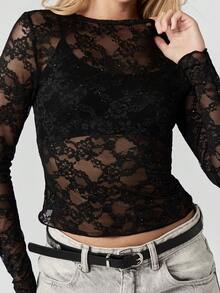 MISSGUIDED Glitter Lace Long Sleeve Fitted Top With Sparkle Embellished Semi Sheer Details - Black - View 6
