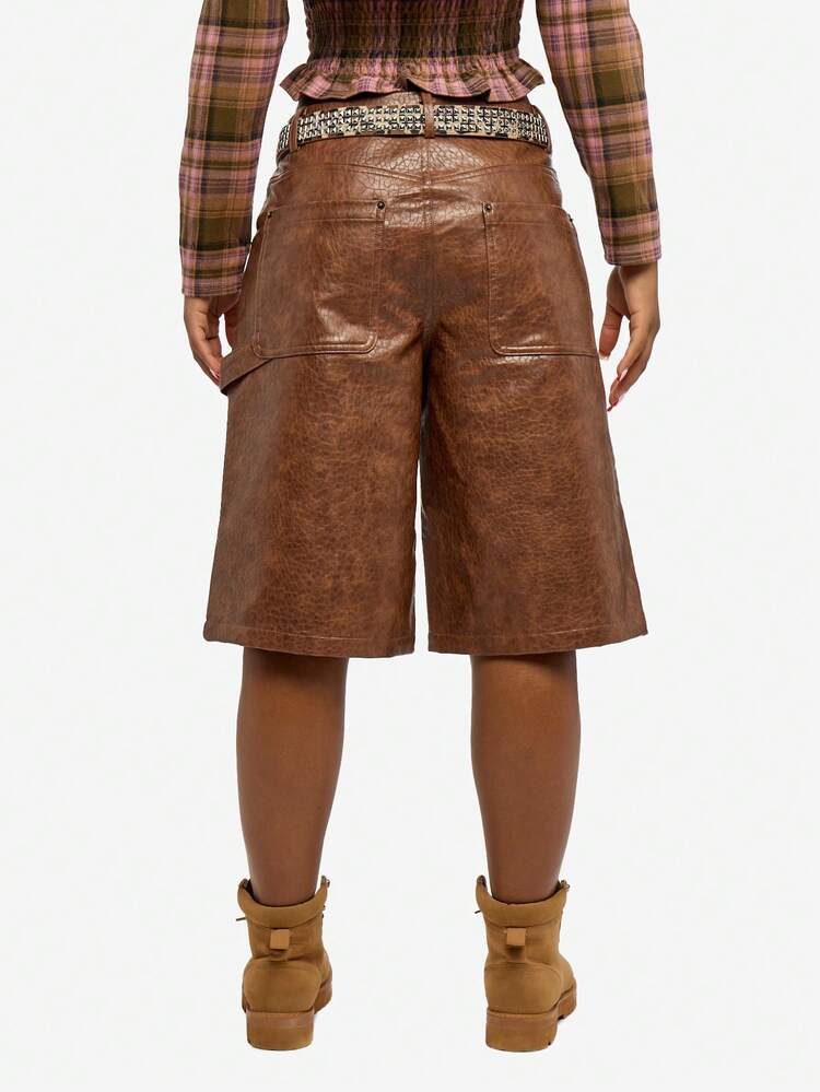 SUMWON WOMEN 벨트가 달린 가죽 와이드 레그 카펜터 반바지