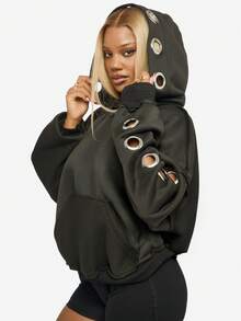 SUMWON WOMEN Oversized Hoodie With Metal Eyelet Grommets Casual Pullover Sweatshirt - Black - View 1