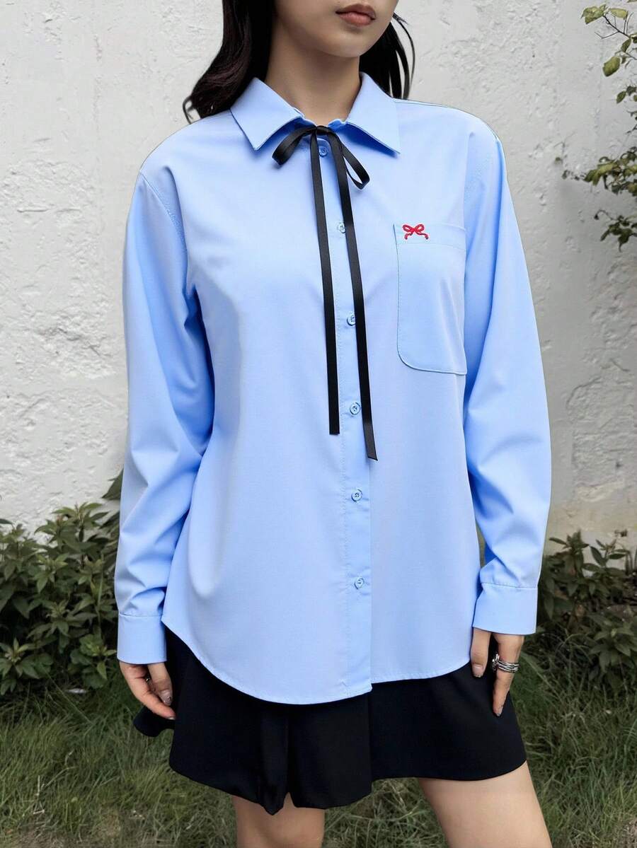 SHEIN Loose Casual Comfortable Butterfly Embroidered Collar Long Sleeve Shirt, Suitable For School Back To School Season, Teen Girls Fall Winter - Blue - View 1
