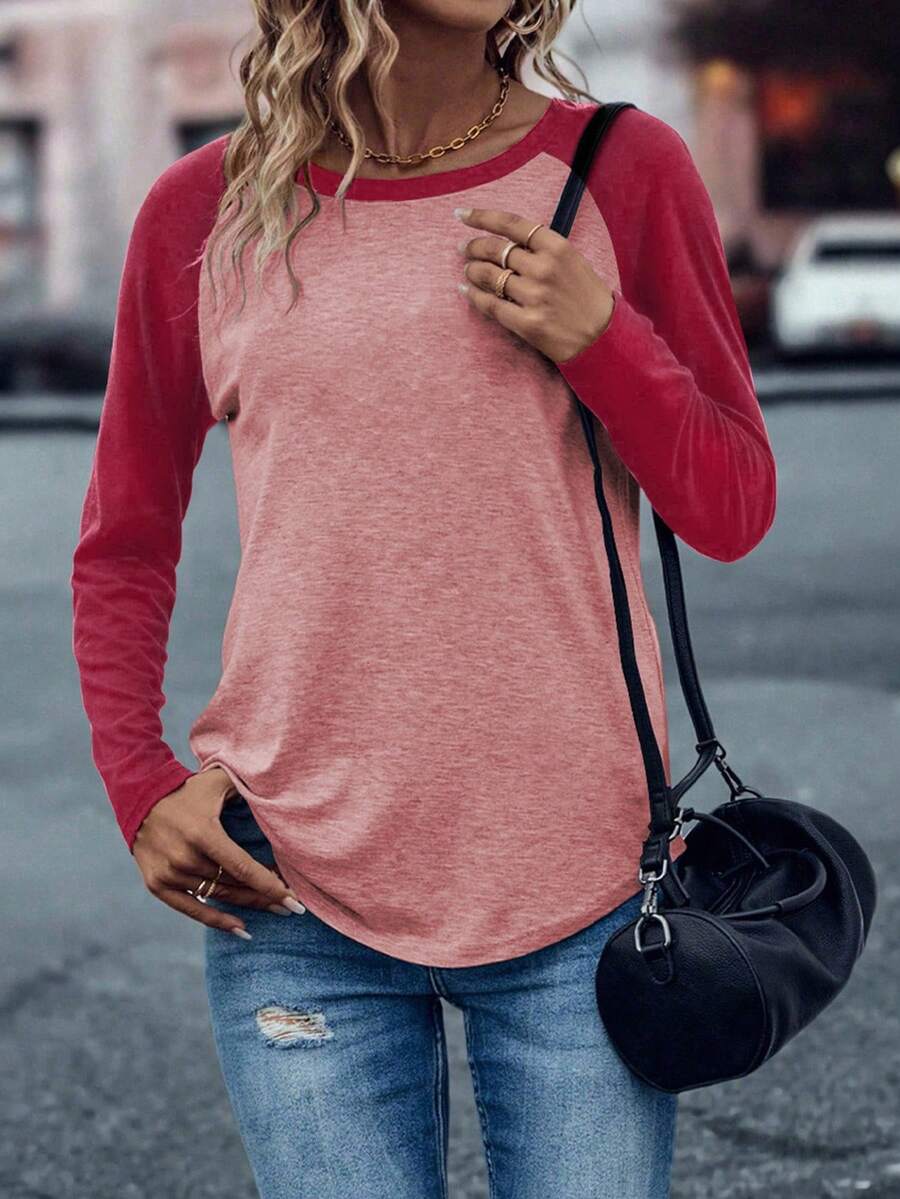 EMERY ROSE Camiseta de mujer con mangas raglán y bloque de color - Rojo - Ver 1