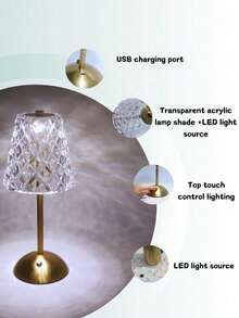 1 件现代 LED 水晶触控台灯 - 3 种色温可调，金属底座，可充电 - 适用于卧室床头柜、客厅餐桌和酒店装饰 - 充電三色水晶檯燈薄款-大鑽石 - 查看 7
