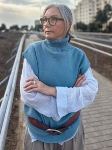 Livesso 女式无袖宽松高领针织背心 - 藍色 - 查看 2