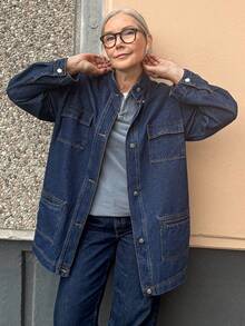 Vivie Lora Women's Loose Fit Long Sleeve Single-Breasted Multi-Pocket Casual Mid-Length Denim Jacket - Grey - View 2